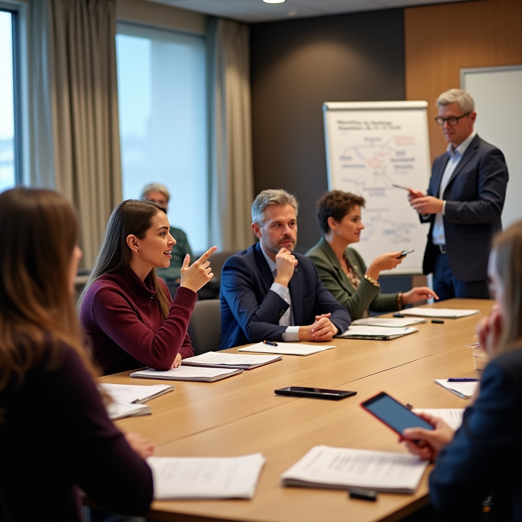 Participants collaboratively analyzing documents and discussing investment concepts