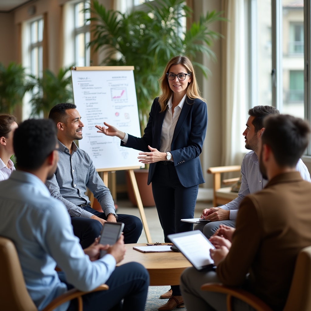 Peer learning session with diverse participants discussing real estate investment concepts