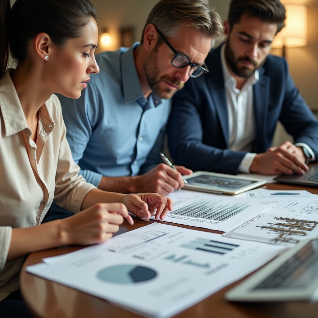 Participants collaboratively reviewing and analyzing hypothetical real estate project documentation